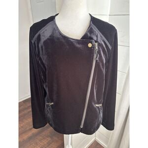 Soft Surroundings Jacket Womens Petite Large Black Velvet Moto Biker Zip Pockets